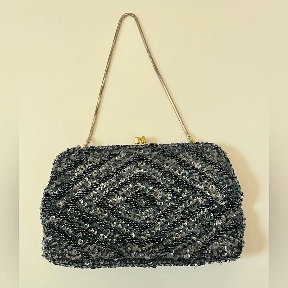 Vintage Art Deco Black Beaded Sequin Clutch Purse Evening Bag Hong Kong